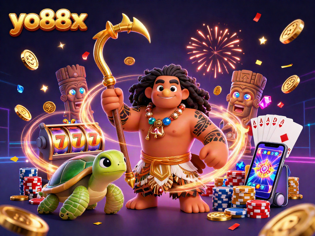 Spin to win with yo88x at an exciting casino scene featuring vibrant characters and gambling elements.