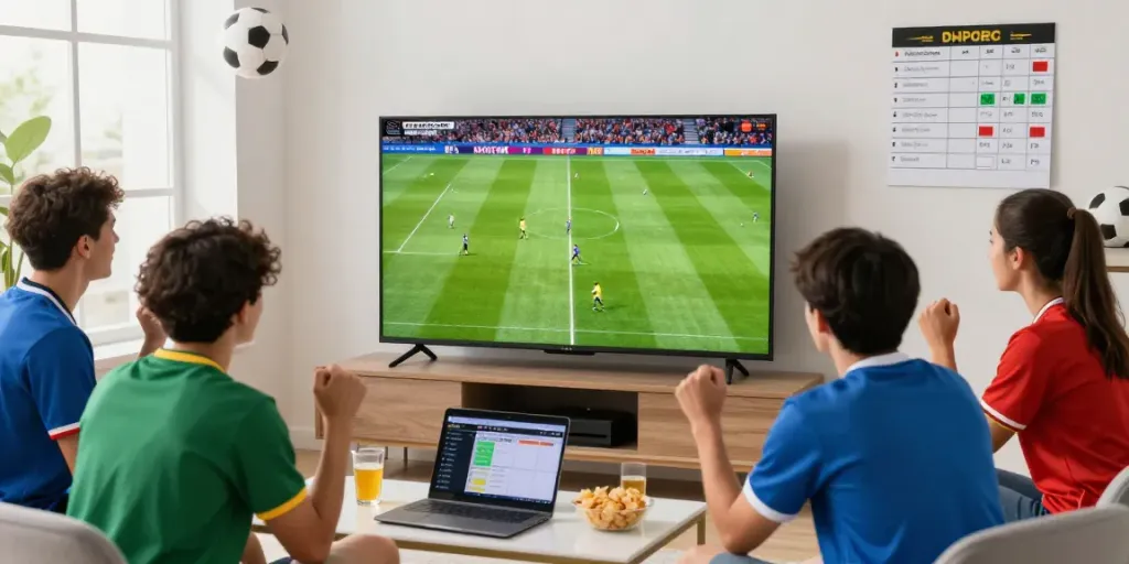 Excited friends enjoying a cà khại tv live football match in a cozy setting.