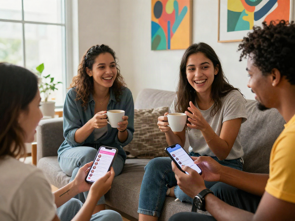 Two friends discuss their crush on dating apps in a cozy living room.
