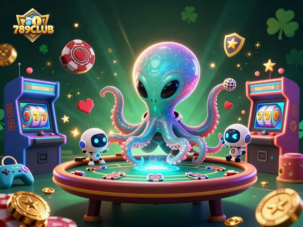Engage in thrilling gameplay at 789CLUB featuring an alien octopus at a holographic poker table.