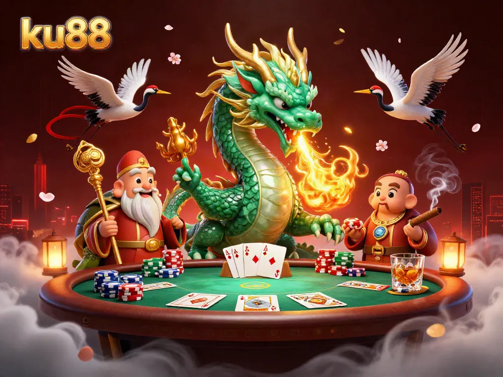 Experience exciting action at ku88 with a vibrant 3D dragon and engaging poker scene.