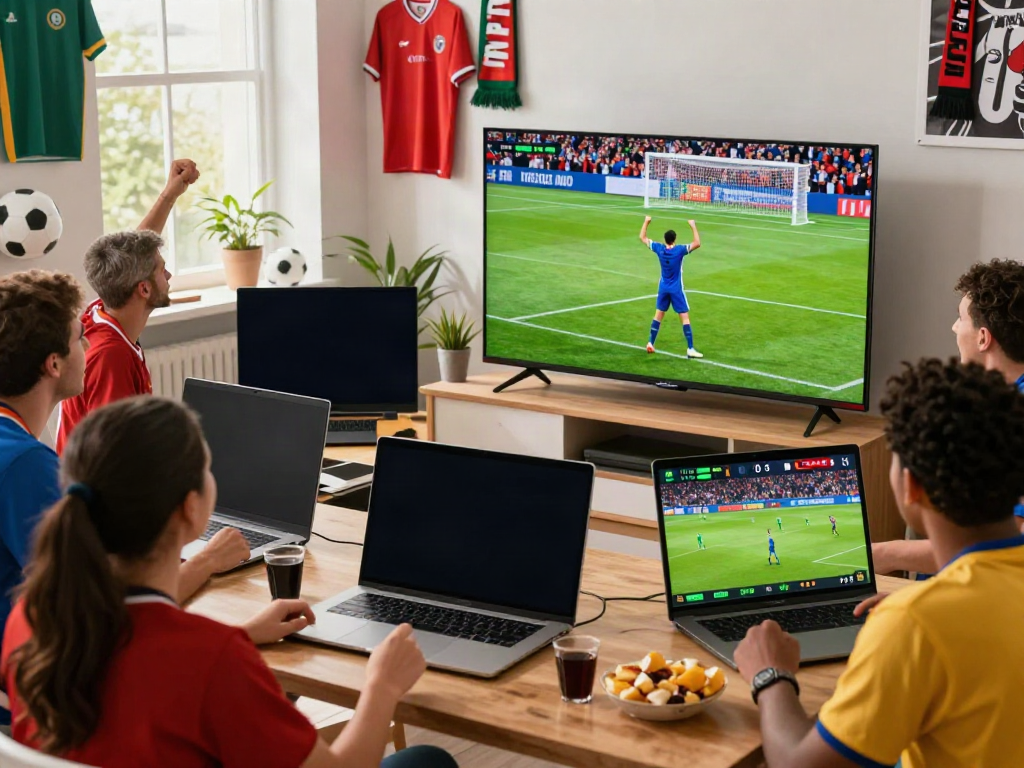 Xôi lạc tv fans enjoying a live soccer match with vibrant atmosphere and screens showing scores.