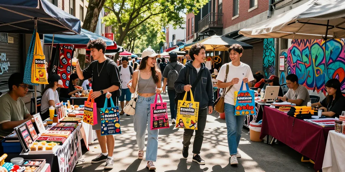 Exciting urban market scene with trendy young adults showcasing rokok88 merchandise amidst vibrant street life.