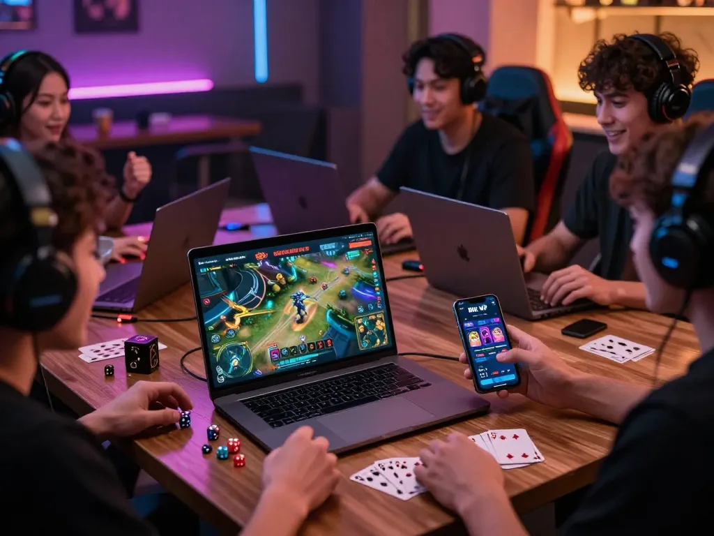 Exciting gamers enjoying the rik vip platform on multiple devices in a vibrant gaming lounge