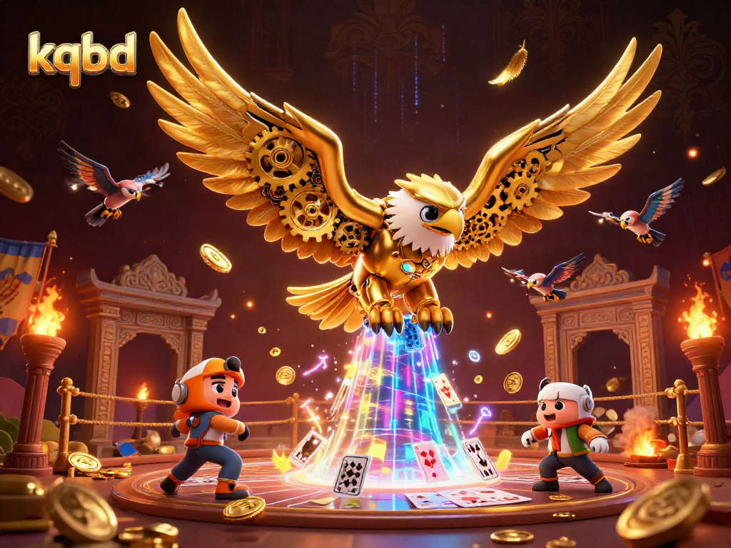 kqbd showcases a dynamic illustration of a cybernetic golden eagle amidst swirling holographic cards, embodying the spirit of gaming.