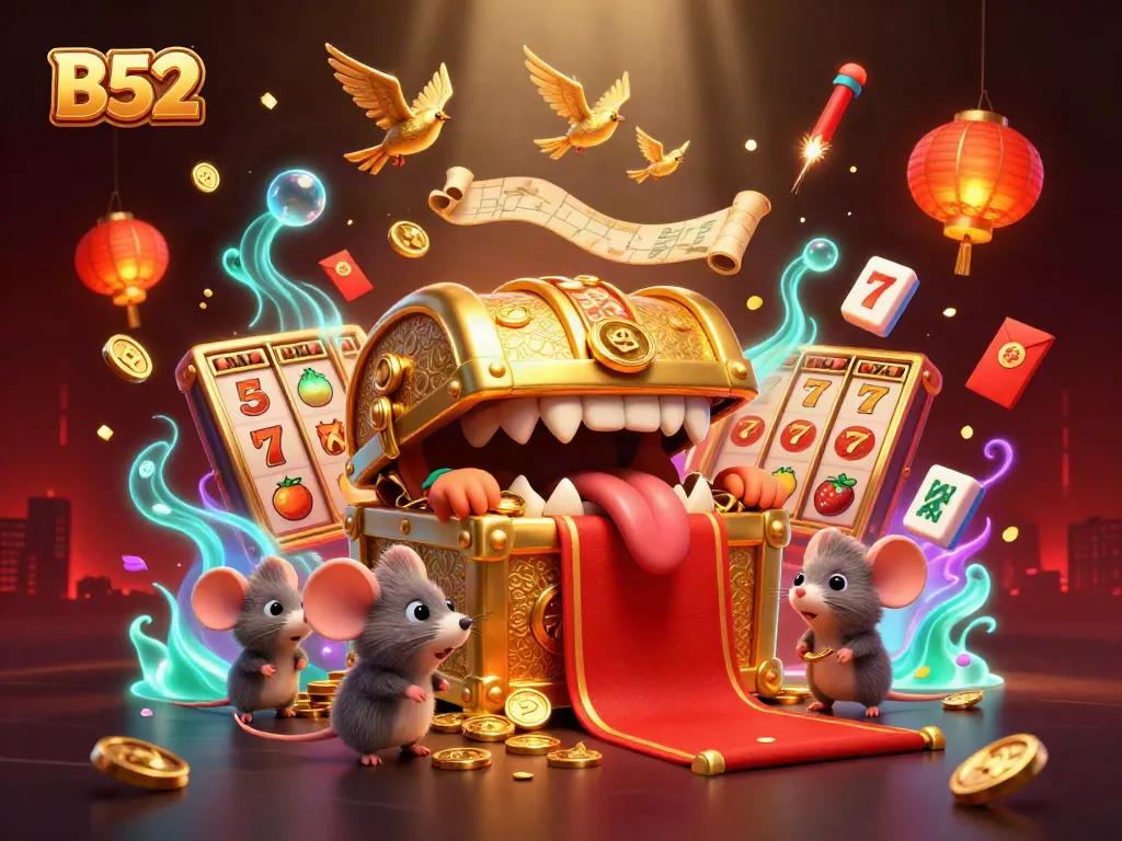 B52 treasures await as adventurer mice are lured into jackpot riches amidst vibrant casino elements.