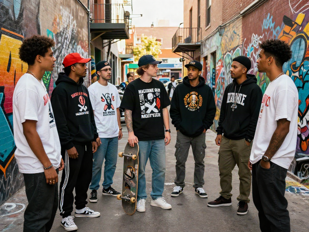 Vibrant urban scene showcasing exclusive Machine Gun Kelly merchandise, reflecting rokok88 streetwear culture.