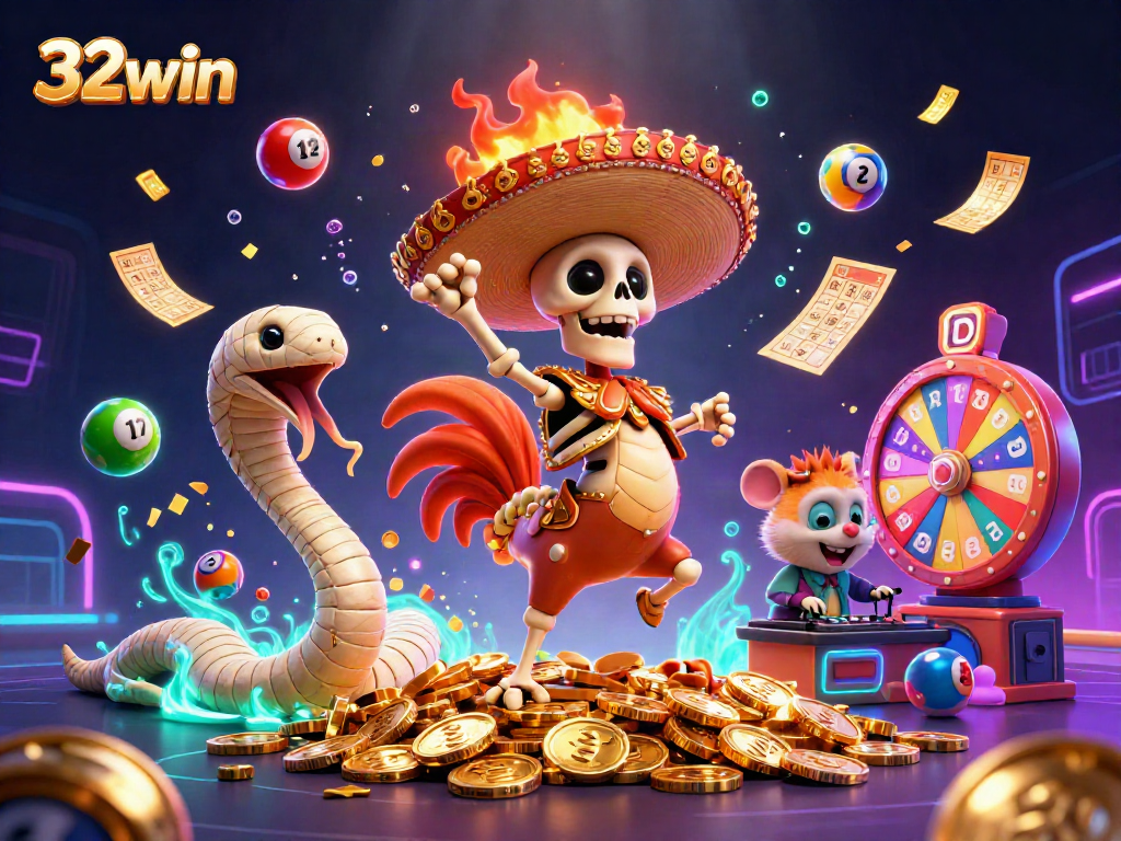 32win gaming scene with a mariachi rooster celebrating amidst colorful lottery elements.