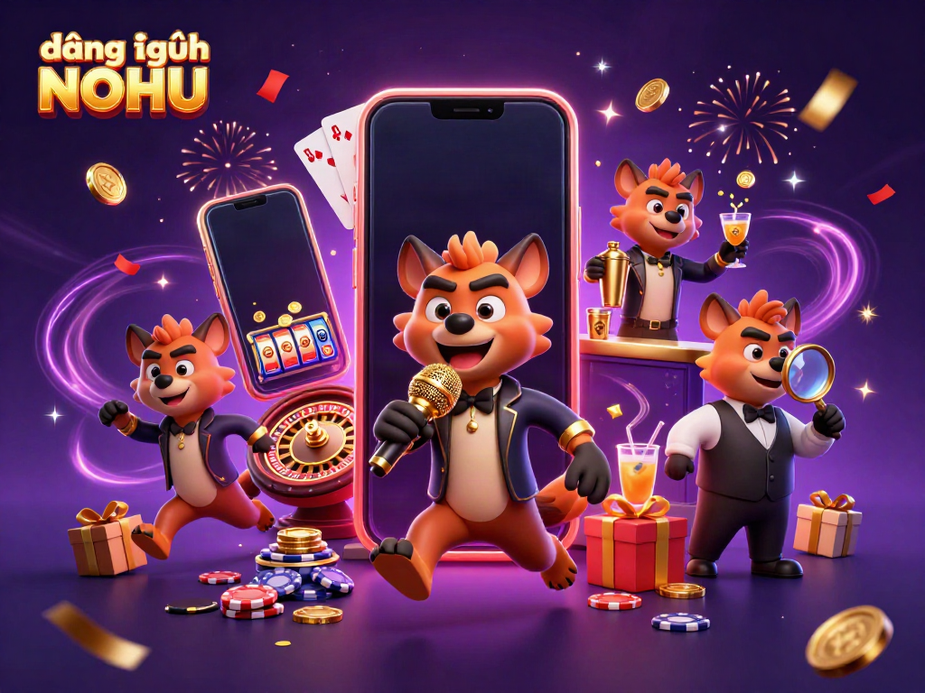 Experience the excitement of đăng nhập NOHU with vibrant casino elements and animated hyena characters.