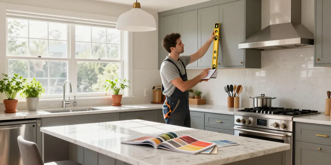 Modern kitchen remodeling scene showcasing stylish design and professional contractor measurements.