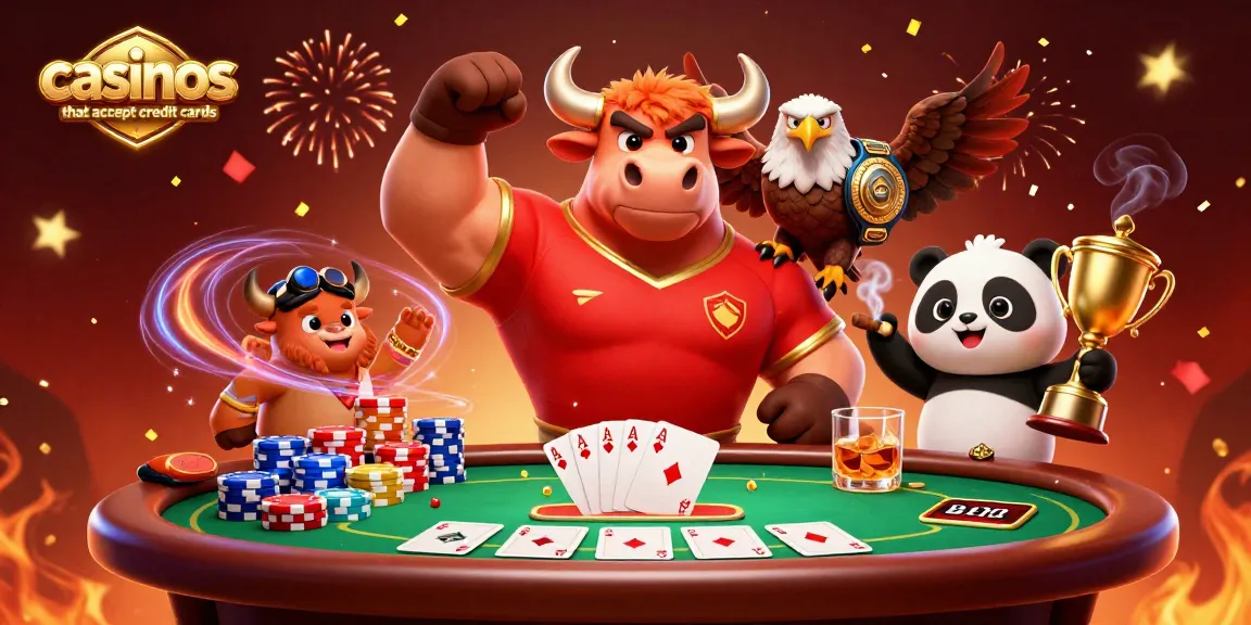 Experience the excitement at casinos that accept credit cards with a victory scene featuring a bull, eagle, and panda.