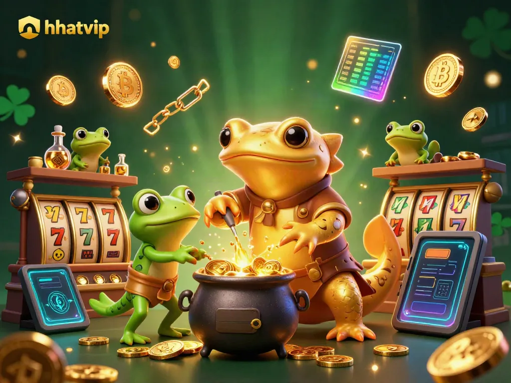Nhatvip showcases a vibrant 3D illustration of a golden salamander alchemist creating winning jackpots amidst digital currencies.