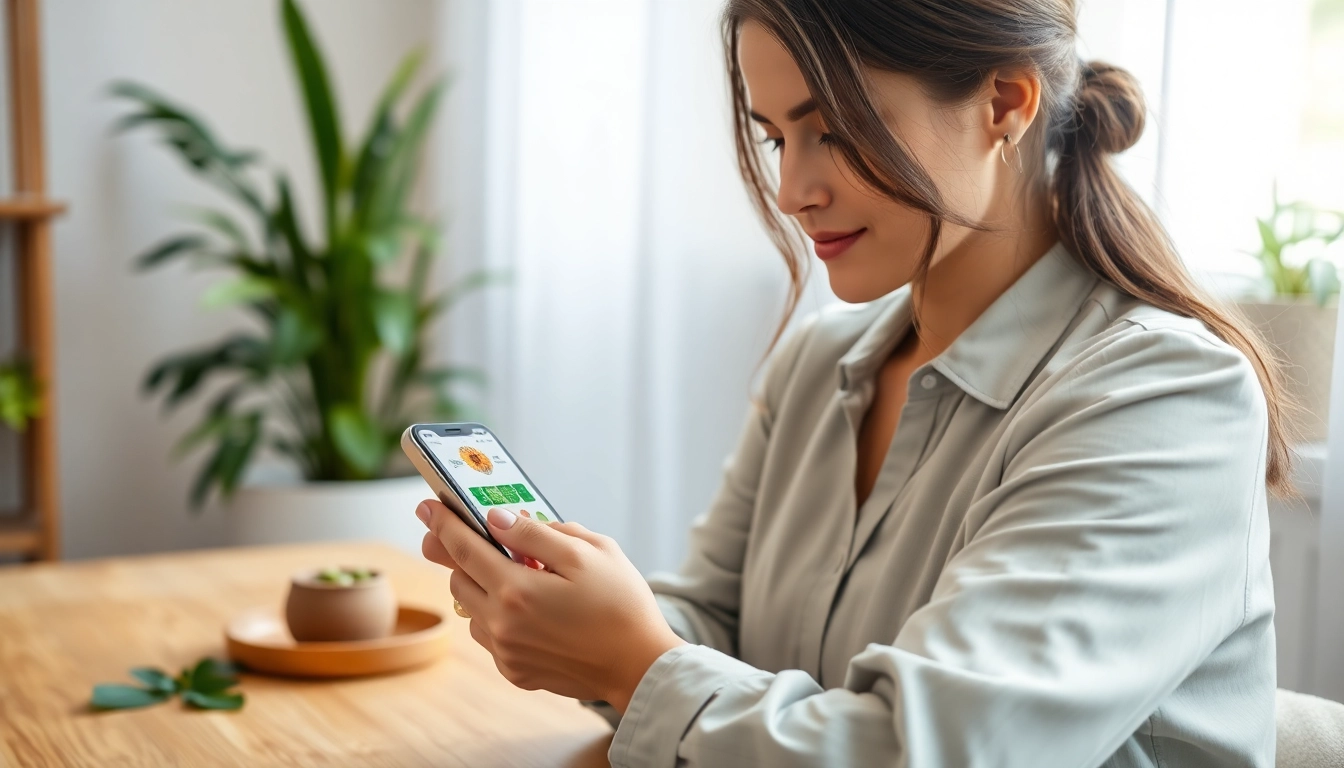 Engaging with the Ayurveda Mobile App in a calming home setting.