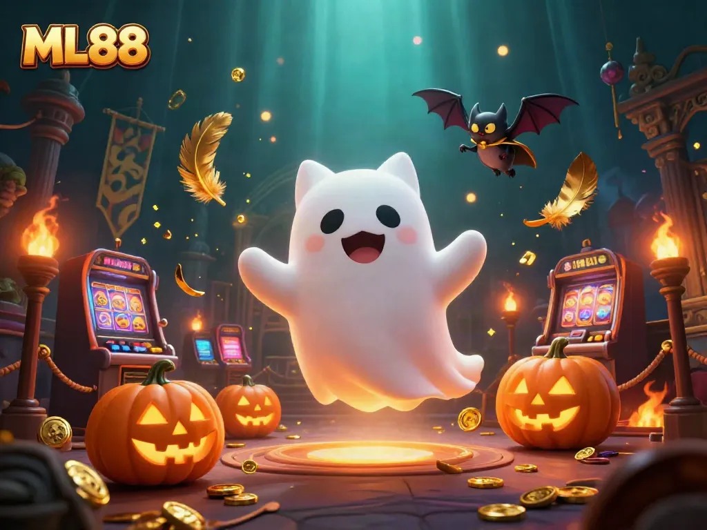 ML88 offers thrilling gambling with a ghost cat in a haunted casino, glowing poker suit jack-o-lanterns, and an exciting atmosphere.