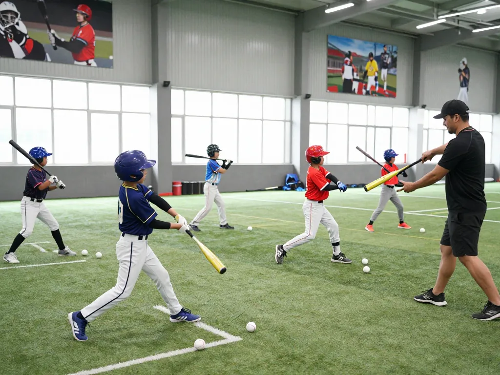 hitclub training session with young baseball players practicing techniques and teamwork in a vibrant indoor facility