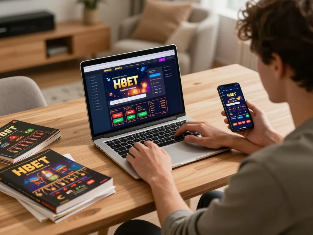 Engaging with HBET casino through a laptop at a cozy desk, showcasing online betting atmosphere.