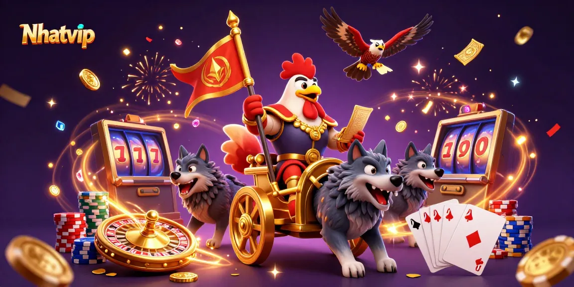 Nhatvip unleashes excitement with a 3D rooster warlord amidst casino elements for thrilling gameplay.