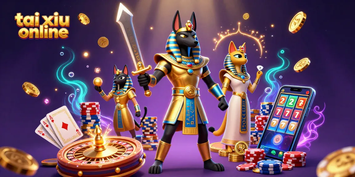Engage in tai xiu online with vibrant 3D Egyptian-themed casino gaming elements featuring Anubis and Bastet.
