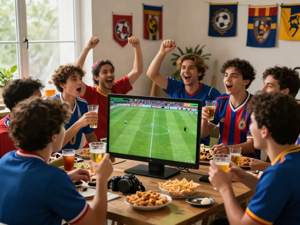 Football fans enjoying cà khại tv live viewing party, cheering and celebrating.