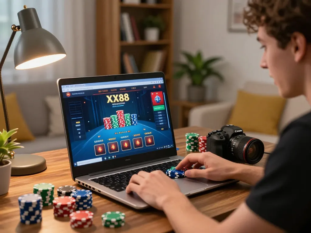 Engaging gameplay at the XX88 online casino, showcasing focused player and colorful poker chips.