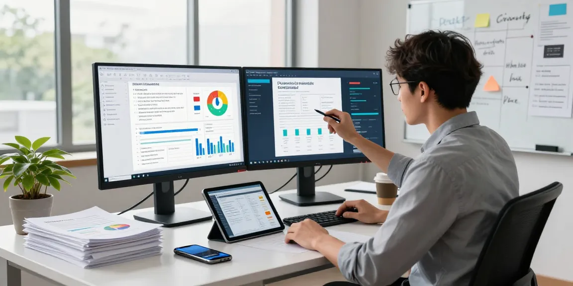 Document fraud detection professional analyzing data in a modern office environment with dual monitors and real-time analytics.