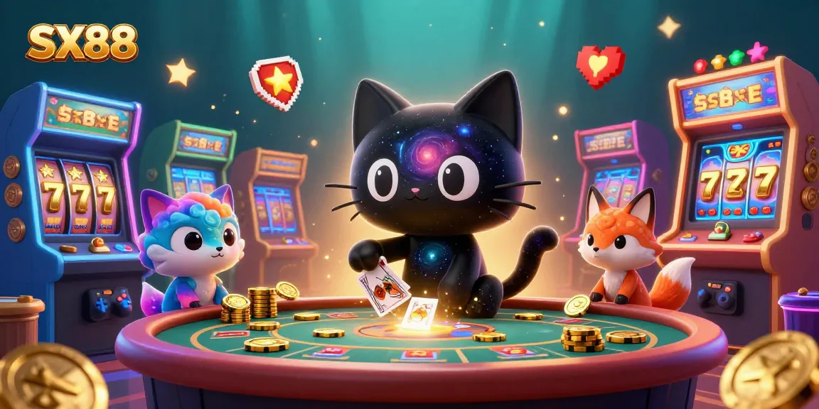 SX88 offers exciting gaming with a cosmic twist featuring a black hole cat and colorful fox amid vibrant casino elements.