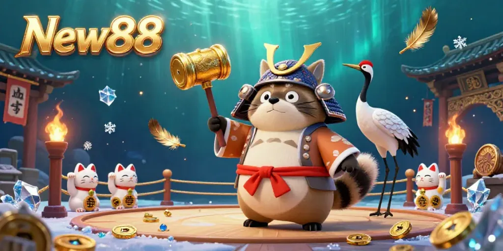 Experience New88 casino excitement with cheerful characters and vibrant effects in a 3D fantasy scene.