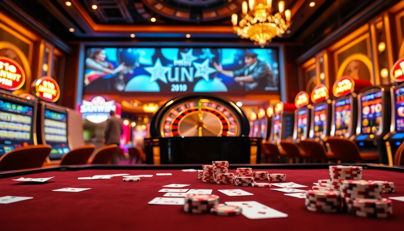 Exciting casino scene showcasing Sunwin20, with vibrant tables, cards, and a roulette wheel spinning.