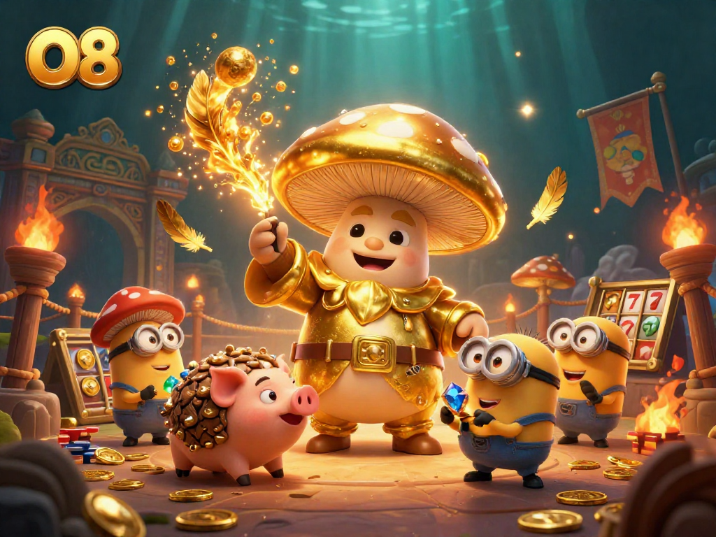 Engage with O8 in an immersive, golden-themed 3D casino illustration showcasing magic, treasures, and rich gaming elements.