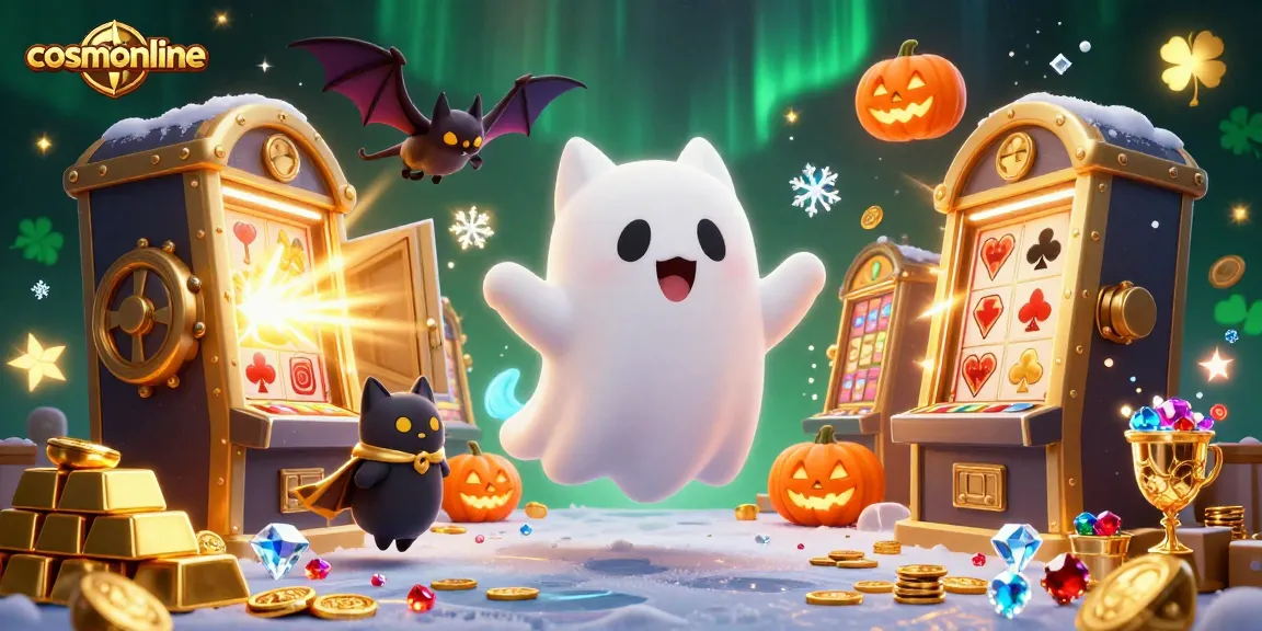 Experience vibrant gameplay at cosmonline with a ghost cat and vampire bat in this festive, colorful casino scene.