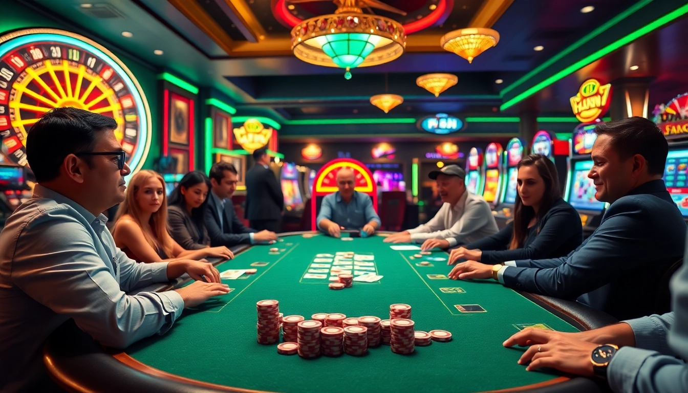 Players enjoying a thrilling poker game at fun 88 casino, with vibrant chips and cards.