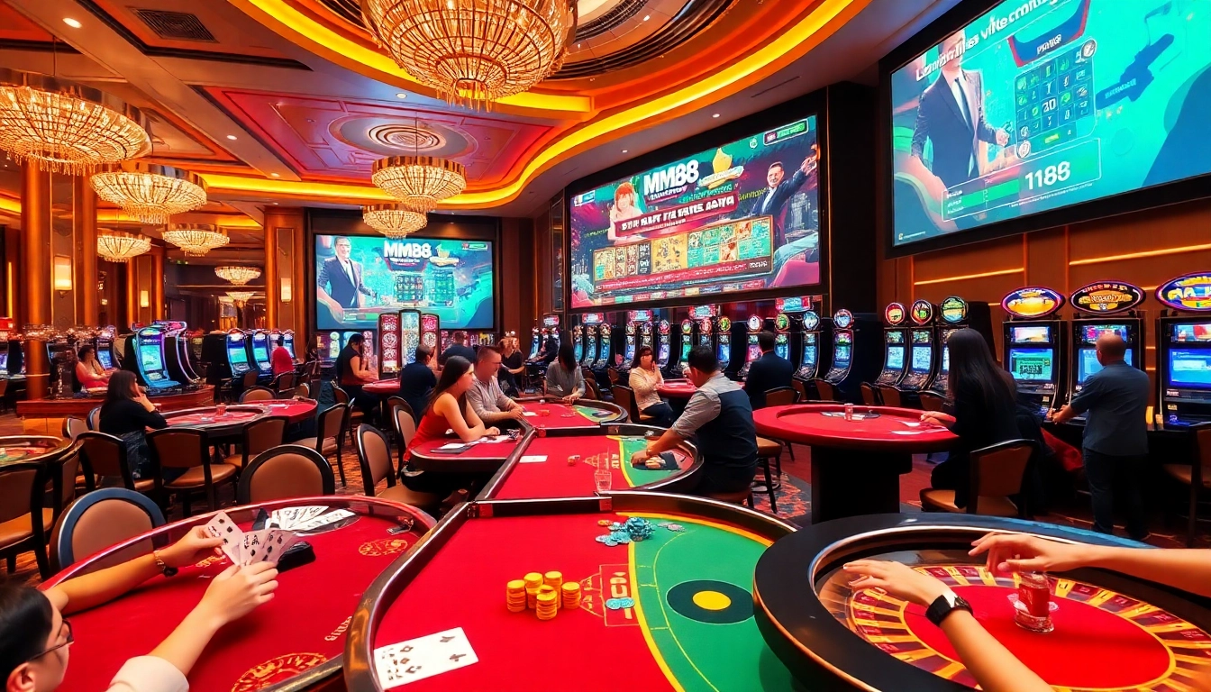 Players enjoying casino games at MM88, showcasing poker, roulette, and vibrant slot machines.
