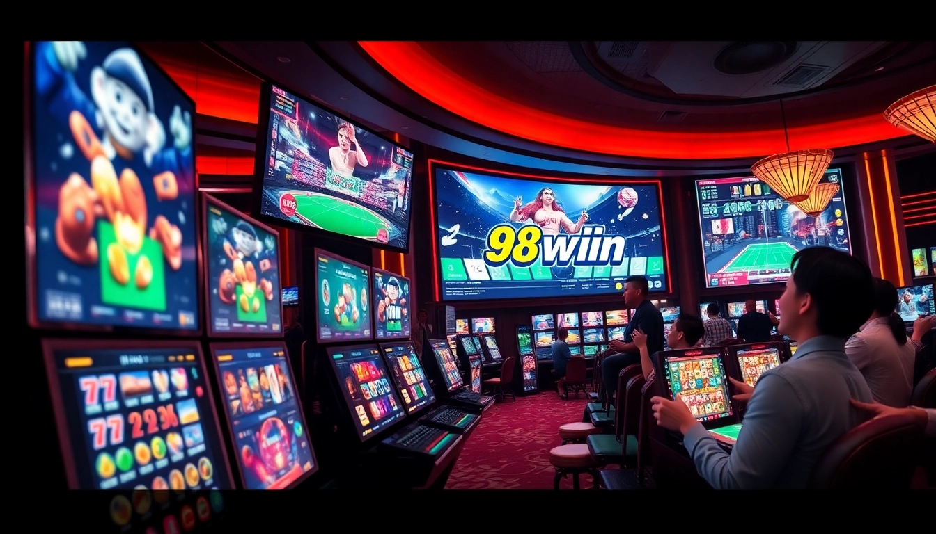 Experience the excitement of 98win, the top online casino, showcasing thrilling games and vibrant gaming interfaces.