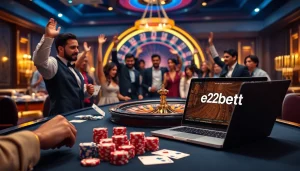Players revel in the excitement of gambling at E2BET's casino, showcasing vibrant tables and energetic wins.
