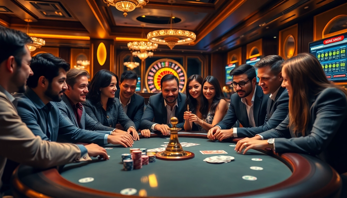 Gambling excitement at a casino table with Dominoqiu players celebrating their wins.