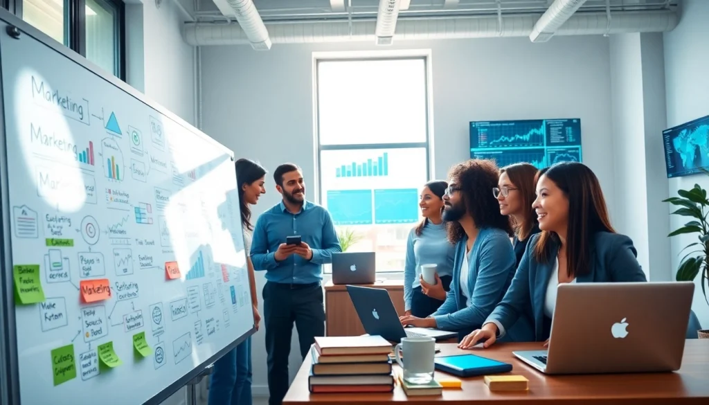 Digital Marketing team collaborating in an office with a vibrant atmosphere and modern tools.