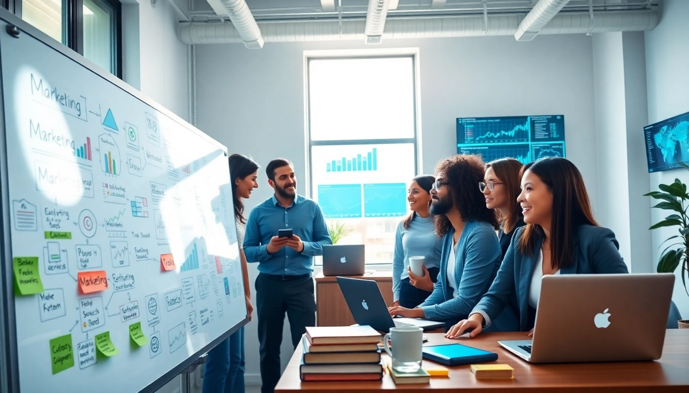 Digital Marketing team collaborating in an office with a vibrant atmosphere and modern tools.