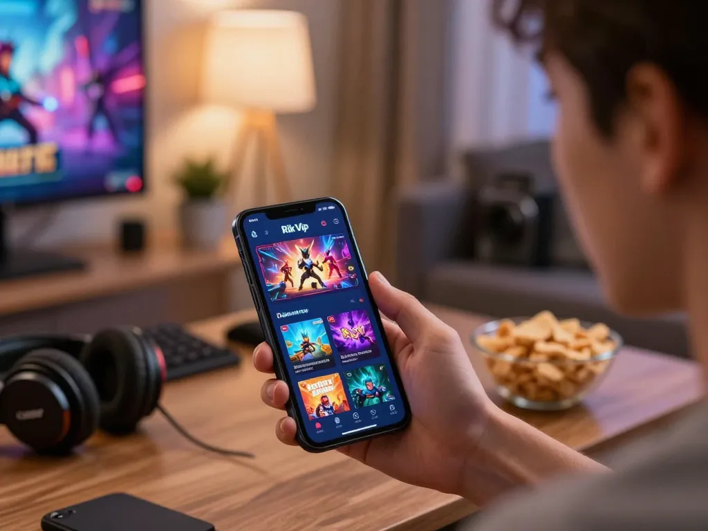 Exciting gaming experience with tải rikvip app on a smartphone in a cozy living room.