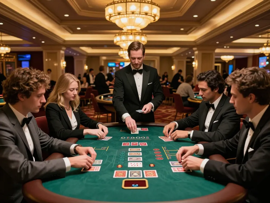 Players engage in blackjack at https://va88.moe/ casino, highlighting strategies and excitement in a luxurious setting.