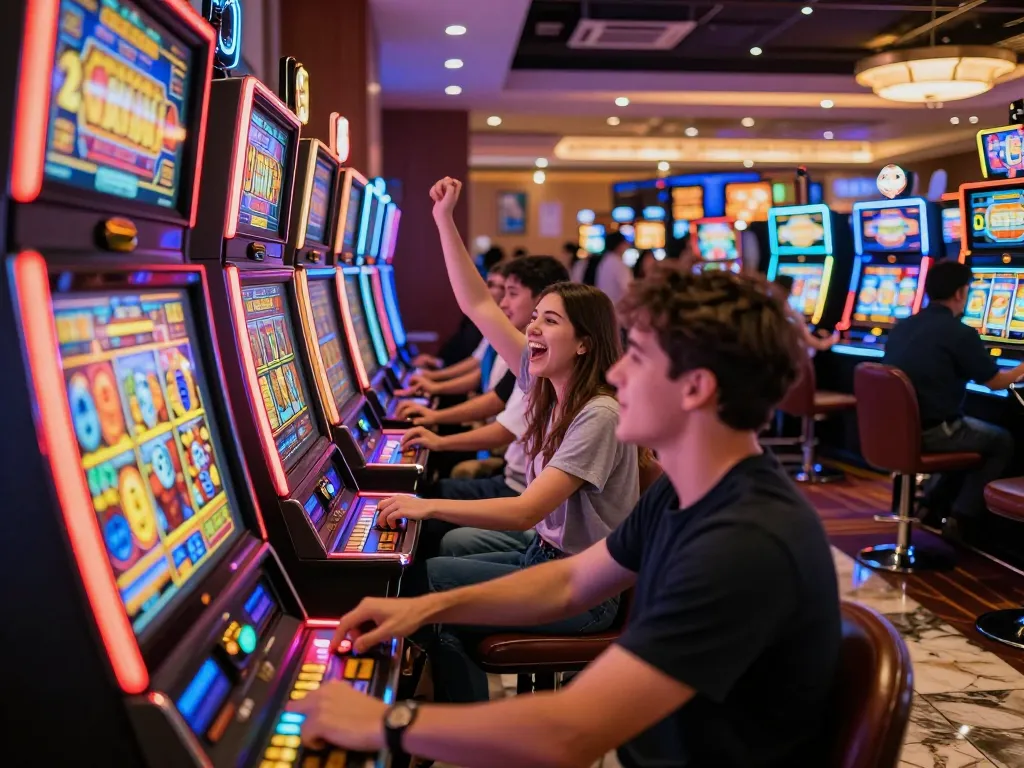 Excited players engaging with a vibrant SLOT machine area in a lively casino.