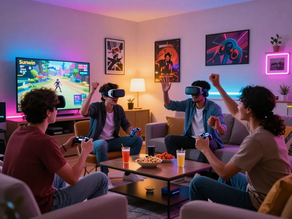 Exciting gaming scene showing friends playing tải sunwin together, with vibrant decor and VR setup.