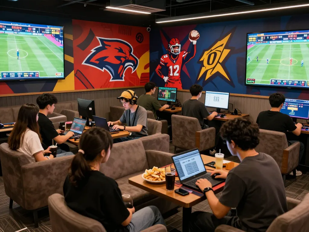 Exciting gaming lounge showcasing nhà cái uy tín with diverse group immersed in sports betting activities.