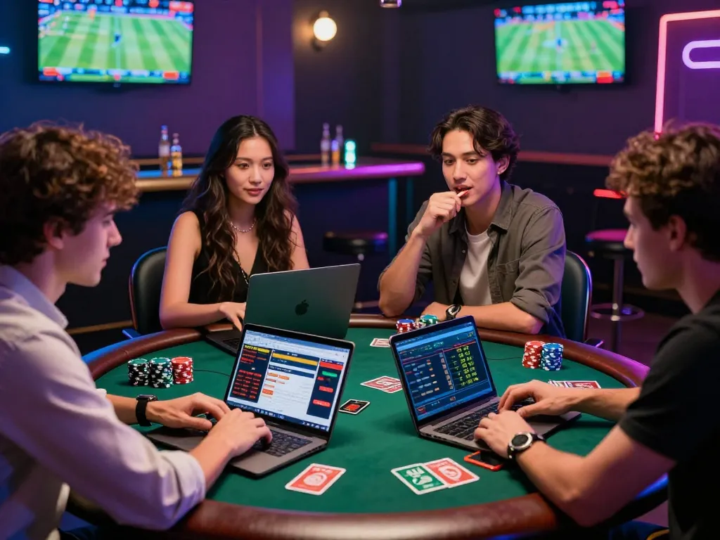 Engaged group discussing nhà cái uy tín in a vibrant online gambling bar setting with neon lighting.