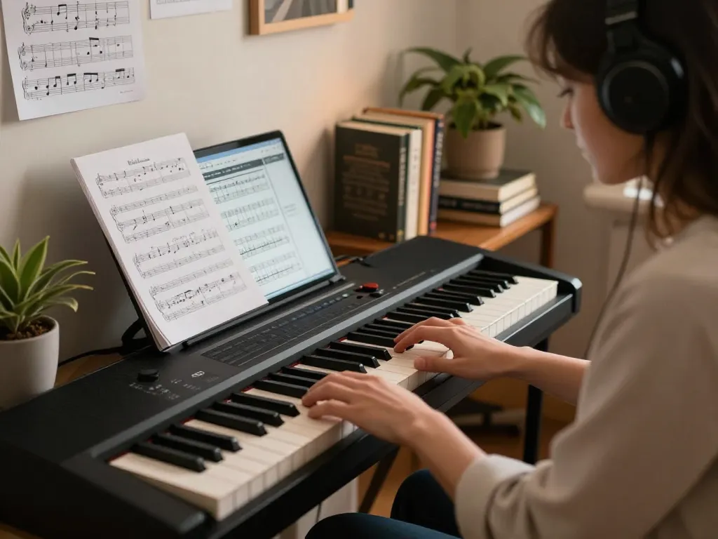 Engaging with the go 88 digital piano in a cozy home studio for music creation.