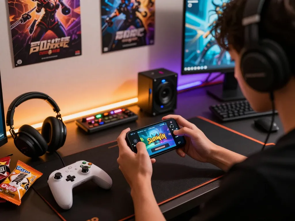 Engaged user playing tải sunwin mobile game on a stylish desk with gaming accessories.