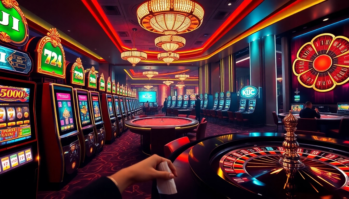 KJC players strategizing their bets at a luxury online casino filled with vibrant games.