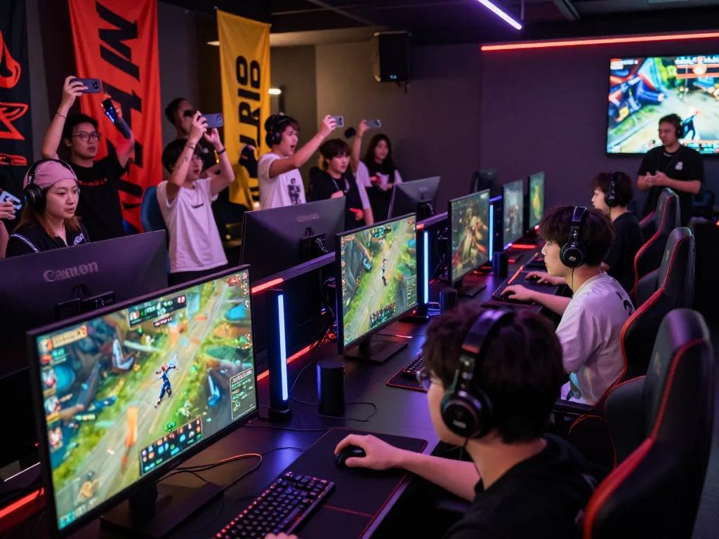 Competitive esports scene at https://bomwin.jp.net/ with players gaming intensely surrounded by cheering fans and vibrant lighting.