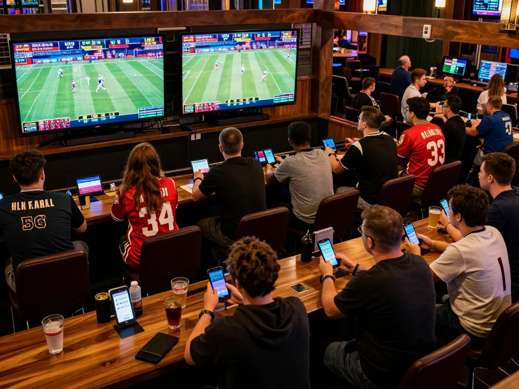 Sports betting excitement at https://lc88.it.com/, showing fans placing bets on mobile devices in vibrant sportsbook setting.