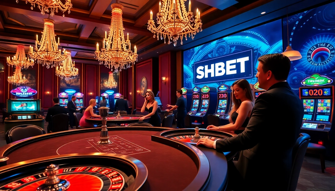 Experience the thrill of SHBET at a luxury casino with poker tables and diverse games.