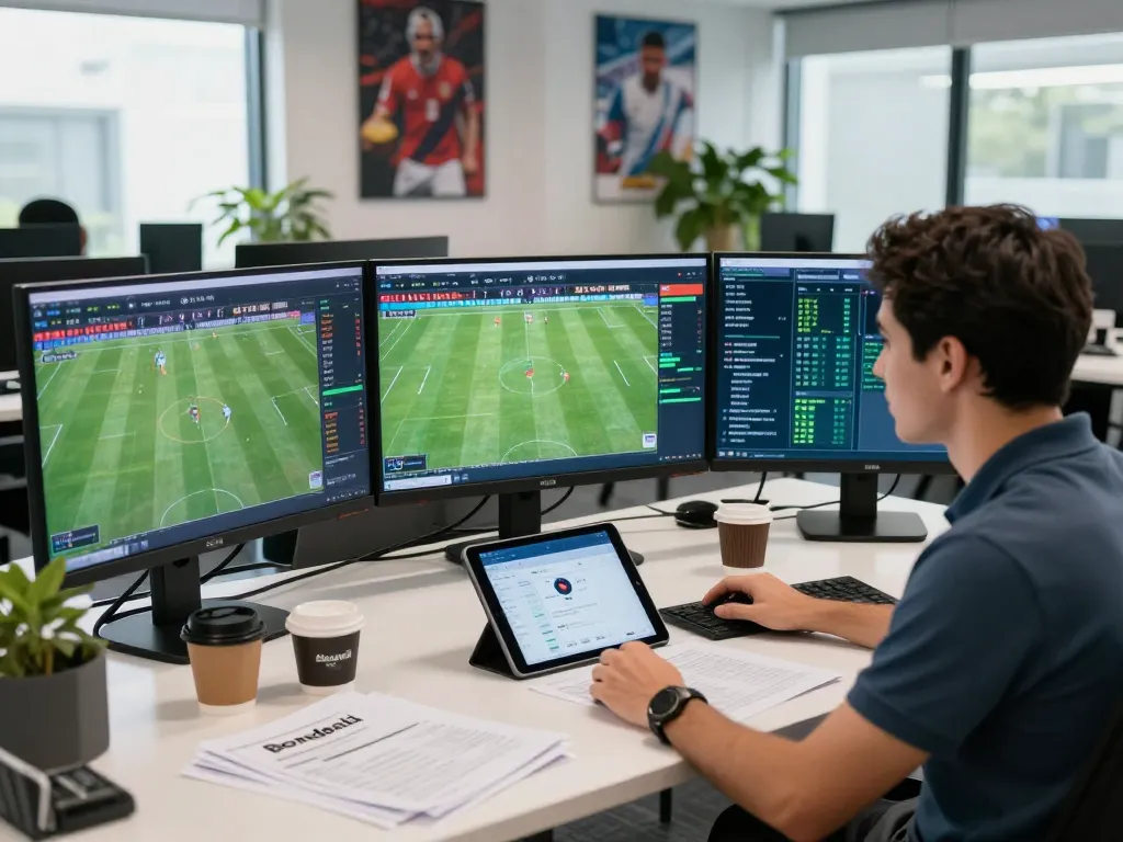 Analyze xem tỷ số bongdalu with live sports analytics on multiple screens in a dynamic office setting.